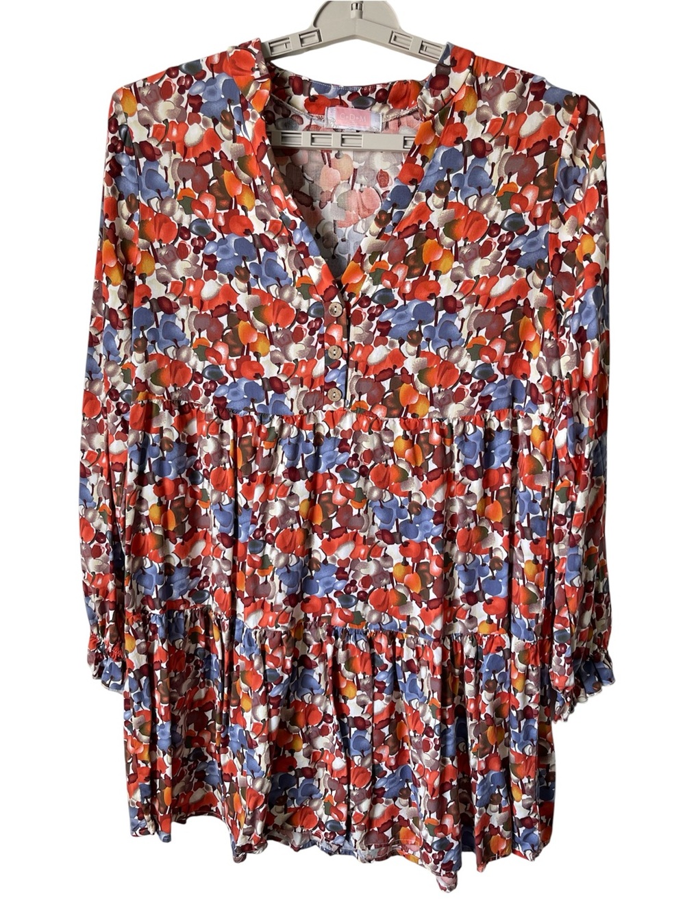 C+D+M CDM Boutique Tiered Babydoll Mini Dress Floral Pattern Elastic Cuff Size L